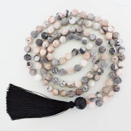 Chains 6mm Matte Pink Zebra J-asper Mala Necklace 108 Beads Knotted Black Tassel Stones Yoga Jewellery