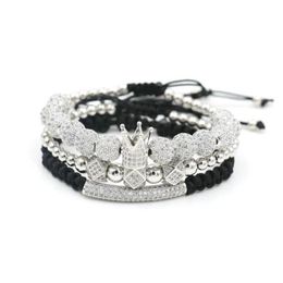 Charm Bracelets 3pcs Set Luxury Crown Bracelet Men Hip Hop Silver Color Micro Pave CZ Ball For Women Couples Pulseira Bileklik219S