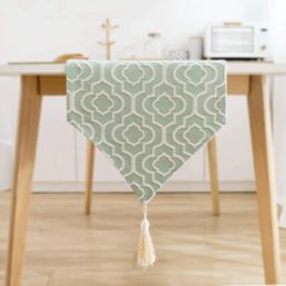 Table Runner Elegant Jacquard Turquoise Cotton Linen with Tassels Dresser Scarf for Home Party Wedding Dining Decor 231020