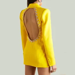 Women's Suits Ladies Sexy Yellow Hollow Out Long Sleeve V Neck Diamonds Designed Elegant Women Backless Slim Evening Party Blazer Coat Suit