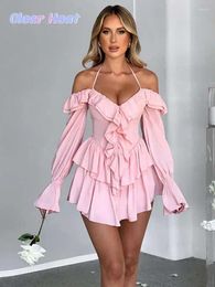 Casual Dresses Female Fashion Pink Ruffles Off Shoulder Sling Elegant Chic Long Sleeve Mini Dress 2023 Women Party Club Evening Vestido