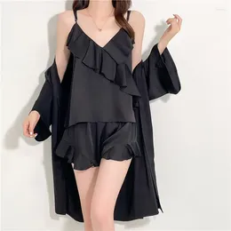 Women's Sleepwear Jxgarb 3 Pieces Women Sexy Summer Ice-silk Pyjamas Sets Bathrobe Top Shorts Ruffles Design Fairy Satin Home Nightwear