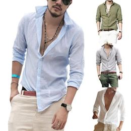 Mens Button Up Shirts Long Sleeve Beach Casual Cotton Summer Lightweight Tops Plain Fitted Soft Linen Breathable Men's246G