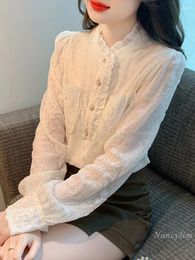 Women's Blouses European Fashion Long Sleeve Lace Shirt Autumn Clothing 2023 Embroidery Top All-Match Basic Blusas