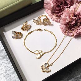 Brand 925 silver four leaf flower Jewellery set for women wedding necklace bracelet earrings ring Butterfly clover mother shell CZ j292i