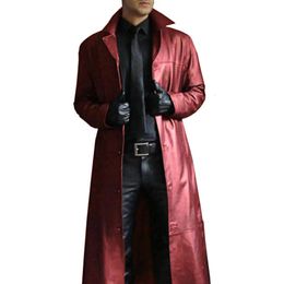 Men's Trench Coats Men's PU Leather Trench Coat Single-breasted Full Sleeve Turndown Collar Punk Long Jacket Overcoat Handsome Windbreaker 231020