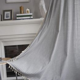 Curtain Boho Blue Stripes Cotton Linen Window With Tassels Blackout Valance For The Luxury Living Room Curtains