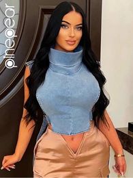 Women's Vests PinePear Sleeveless Hollow Out Side Belt Denim Cropped Jacket Vest Women 2024 INS Trend Turtleneck Bandage Short Coat