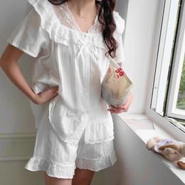 Women's Sleepwear Princess Lace Patchwork White Pajama Set Women Home Clothes Bow Tie Cute Cotton Summer Night Wear Shorts S178