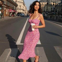 Casual Dresses Strap Floral Tie Dye Print Ruffle Ruched Backless Sleeveless Bodycon Midi Dress Party Birthday Outfits