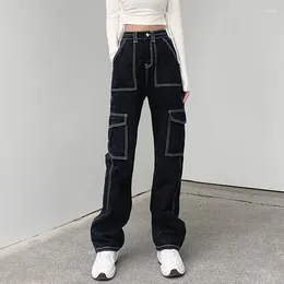 Women's Jeans Big Pocket Black Cargo Streetwear Pockets High Waist Straight Denim Trousers Women Harajuku Wide Leg Long Pant Y2K Vintage