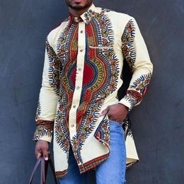 African Men Shirts Tops Long Sleeve Retro Autumn 2021 Muslim Geometric Printed Business Blouses Tops Single-Breasted Shirts223V