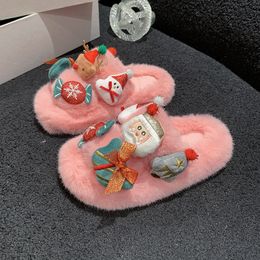 Girls cute cartoon Christmas new fluffy slippers autumn and winter new wear a line cotton drag princess shoes pink