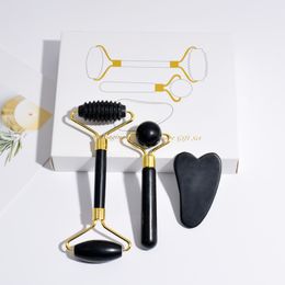 3PC Gua Sha Facial Tools Set Sawtooth Natural Obsidian Face Roller Massager Guasha Anti-Aging Anti Wrinkles Puffiness Facial Skin Care Product Massager