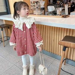 Jackets Kids Clothing Baby Girl 2023 Autumn Korean Coat Fashion Long Sleeve Single Breasted Lace Collar Plaid Cuff Casual Sweet