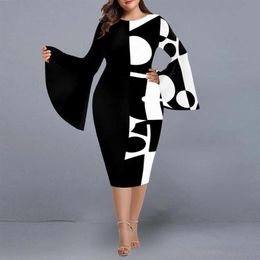 Plus Size Dresses Elegant Dress 2022 Geometric Print Year Evening Party Autumn Winter Flare Sleeve Christmas Club Outfits 5XL2381