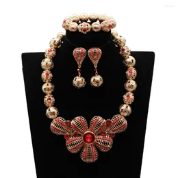 Necklace Earrings Set Red Crystal Flower Pendant For Women African Golden Beads Wedding Jewellery Nigeria Bride Accessorise