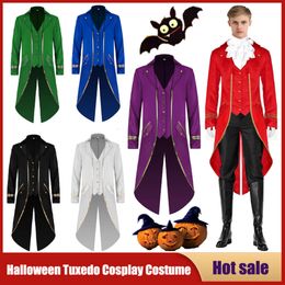 Cosplay Halloween Tuxedo Costume Men's Gothic Jacket Mediaeval Vintage Steampunk Tailcoat Gold Trim Long Coat Masquerade Party Cosplay