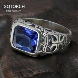 Real Pure 925 Sterling Silver Rings For Men Blue Natural Crystal Turquoise Stone Mens Ring Vintage Engraved Flower Fine Jewellery 212443
