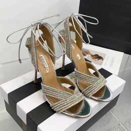 Aquazzura Stiletto Womens Rhinestones Sandals Heels Luxury Designers Party High Heels Leather Sole Evening Ankle Strap Shoes