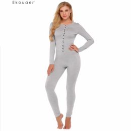 Ekouaer Adult Onesie Pyjama Set Women Long Sleeve Solid Slim Sleepwear Soft Nightwear Autumn Casual Pyjamas Set Union Suit248k