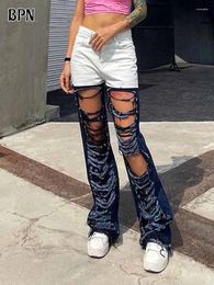 Women's Jeans BPN Sexy Patchwork Denim Pants For Women High Waist Hollow Out Hit Colour Chic Wide Leg Female Fashion Clothing 2023