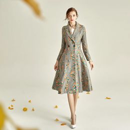 Women's Wool Blends High Quality Embroidery Elegant Gray Women Woolen Coat Autumn Winter Jacket Outerwear Vintage Mid-long Wool Coat S-2XL 231019