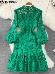 Basic Casual Dresses Vintage Hollow out Lace Floral Embroidery Dress For Women Spring Stand collar Puff Sleeve High Waist Mermaid Short Lace Dress 231020