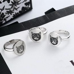 Europe America Retro Lady Women Brass Silver Plated Engraved Cat Head G Letter Round Disc Rings Size6-8253l