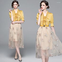 Work Dresses 2023 Summer Office Lady 2-Piece Suits Outfit Elegant Three-Dimensional Floral Tops And Simple Embroidery Skirts 2 Pcs Party Set