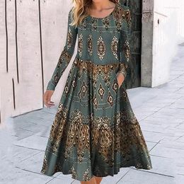 Casual Dresses Dress For Women 2023 Vintage Ethnic Printing O-Neck Long Sleeve Elegant Office Higt Waist Big Hem A-Line Vestidos