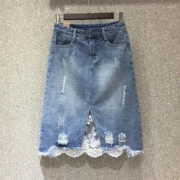 Skirts Plus Size S-3XL Women Lace Patchwork Denim Pencil Skirt Spring Summer Autumn Fashion Casual Ripped Hole Knee Length Midi