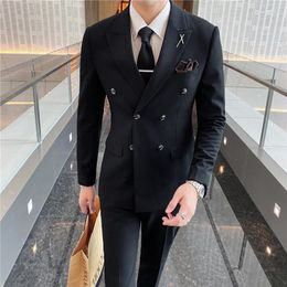 Men's Suits Casual Tuxedos For Wedding Mens Business Suit 3 Pieces (Blazer Pant Vest) Slim Groom Trendy British Double-breasted