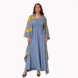 Ethnic Clothing Islamic Abaya Embroidery Chic And Elegant Woman Dress Mesh Cardigan Belted Kaftan Solid Gray Camisole Muslim Sets