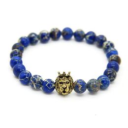 1PCS New Design 8mm Blue Sea Sediment Stone Beads With Mix Colour Lion Head Hero Bracelets Mens Jewellery Nice Gift2535