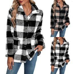Women's Jackets Casual Plaid Flannel Shacket Jacket Oversized Long Sleeve Button Down Shirts Lapel Coats Tops Faux