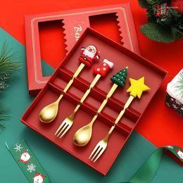 Dinnerware Sets 4Pcs/Set Cartoon Christmas Doll Spoons Fork Gift Box Coffee Dessert Spoon Xmas Party Tableware Decor Stainless Steel