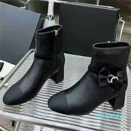 2023-Designer Luxury ankle boots classic lady woman fashion Motorcycle boots chunky heel zipper casual shoes lambskin high cut sneaker bow