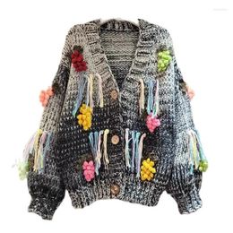 Women's Knits Vintage Handmade Crochet Flower 3D Decoration Tassel Knitted Cardigan For Women Single Breasted Sweater Jacket Y4393