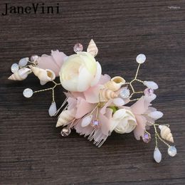 Hair Clips JaneVini Bohemia Artificial Flowers Bridal Comb Shell Pink Women Wedding Accessories Hairpins Haar Spelden