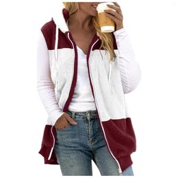 Women's Vests Plus Size 5XL Plush Sleeveless Jacket For Women Color Block Warm Hooded Outwear Zip Up Fleece Coats Waistcoat