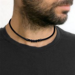 Men's Lava Stone Rock Braid Leather Choker Necklace Men Boho Hippie Male Jewellery Surf Necklaces in Black Colour 220212347N