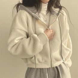 Women's Hoodies Korean Style Autumn Women Lamb Wool Coat Casual Hooded Splicing Zippers Cardigans Tops Thermal Ladies Sport Jackets
