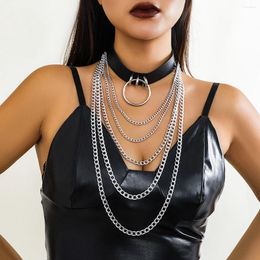 Pendant Necklaces Salircon Harajuku PU Leather Clavicle Necklace Gothic Multi-layer Metal Chain Women's Sexy Cosplay Neck Jewelry