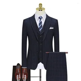 Men's Suits ( Jacket Vest Pants ) High-end Brand Boutique Fashion Plaid Formal Business Mens Slim Suit Three-piece Set Groom Wedding Dress