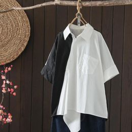 Women's Blouses Elegant Blouse For Women Original Design Half Sleeve White Black Patchwork Asymmetric Solid Shirts Luxury Social