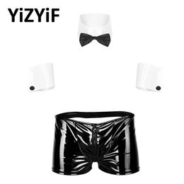 Men Roleplay Costume Outfit Mens Sexy Lingerie Set Low Rise Zipper Open BuBoxer Underwear With Collar And Cuffs Sets Clubwear Bras258w