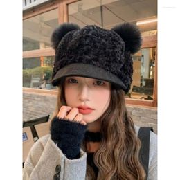Visors Bear Ear Hat Female Autumn And Winter Thick Warm Cold Fashion All Match Face Small Riding Plush Cap