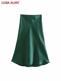 Skirts Solid Satin Elastic Waist Women ALine Skirt Summer Female Slim Falda Midi LUJIA ALAN P1596 231019