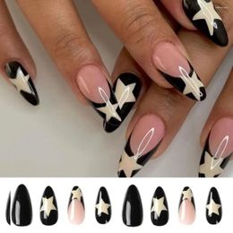 False Nails 24pcs Almond With Star Black White Designs Fake Nials Press On DIY Beauty Manicure Detachable Nail Tips